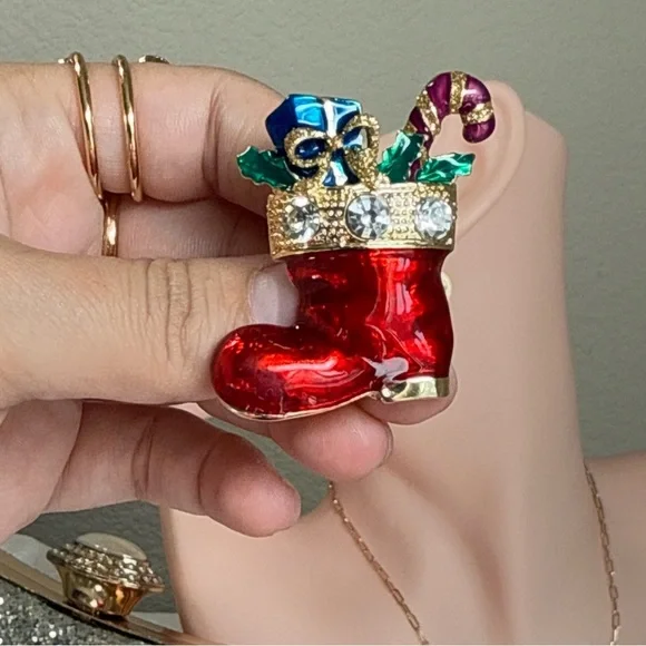 Festive Christmas Gold Red Boot Brooch with Crystals - Picture 4 of 7